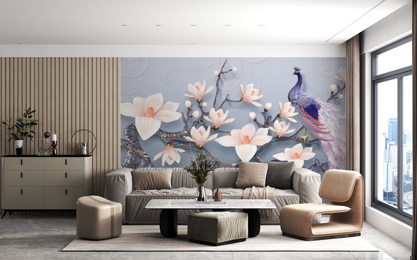 Фотошпалери чудовий павич, що сидить на гілці з бутонами