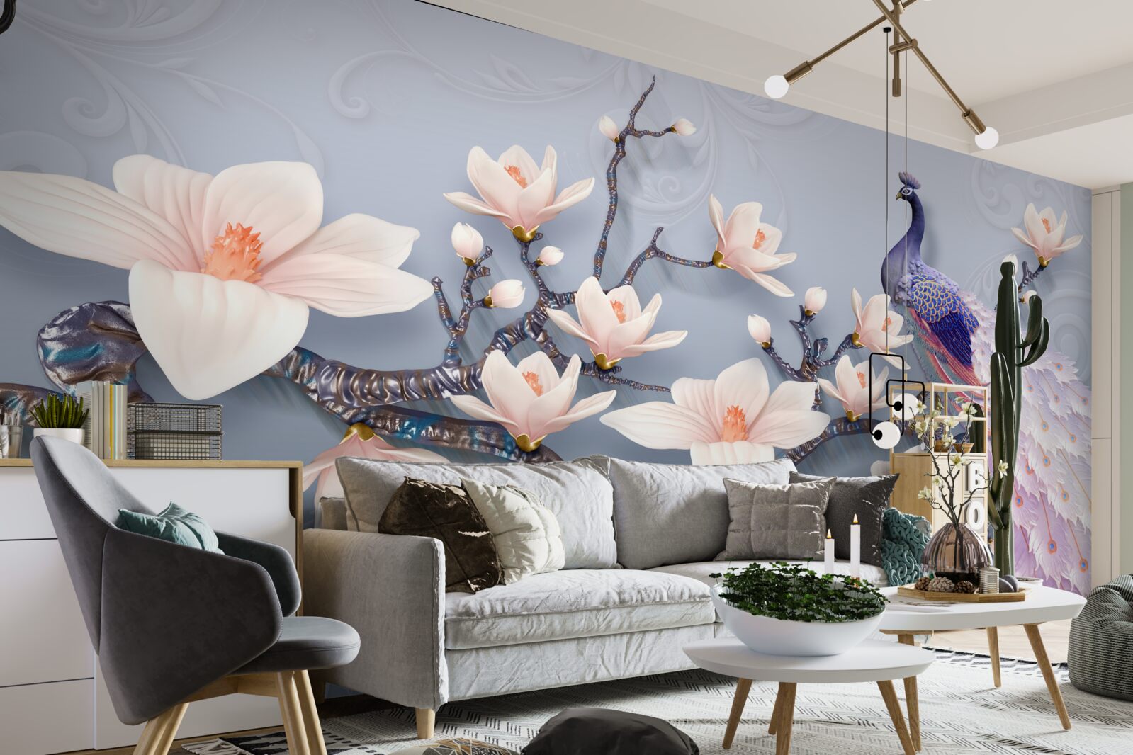 Фотошпалери чудовий павич, що сидить на гілці з бутонами