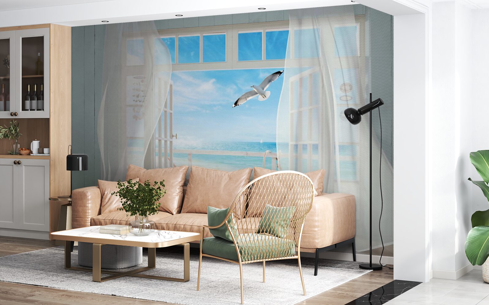 Фотошпалери вихід, пофарбований у білосніжний колір, вів до піщаного узбережжя