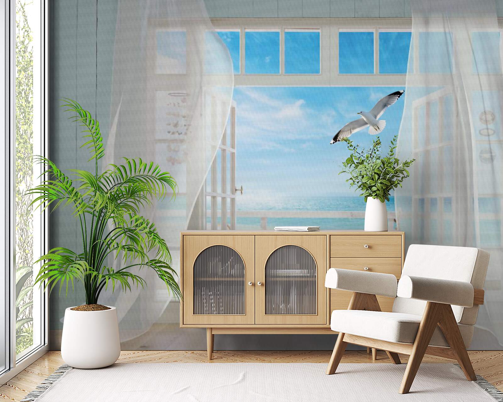 Фотошпалери вихід, пофарбований у білосніжний колір, вів до піщаного узбережжя