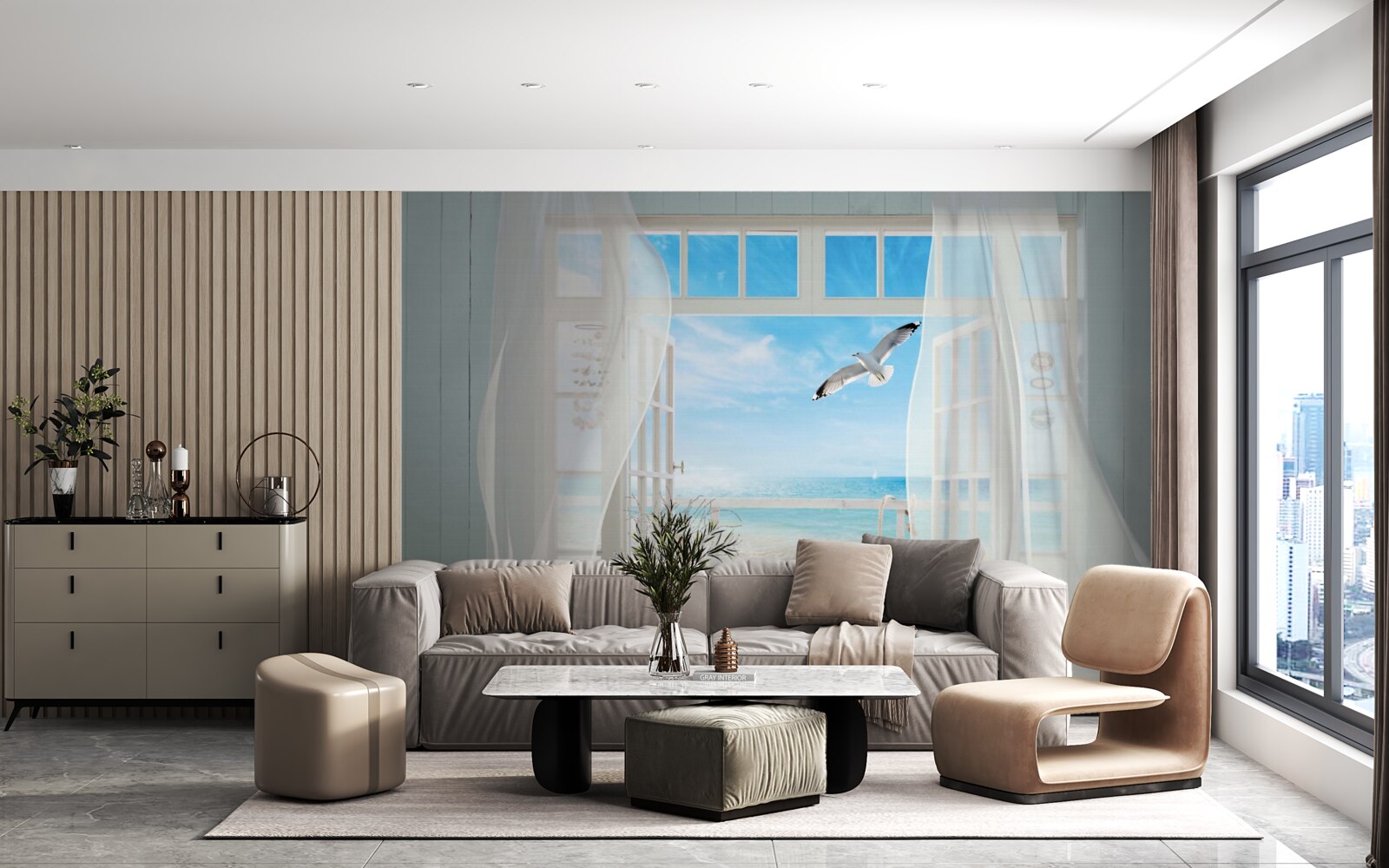 Фотошпалери вихід, пофарбований у білосніжний колір, вів до піщаного узбережжя