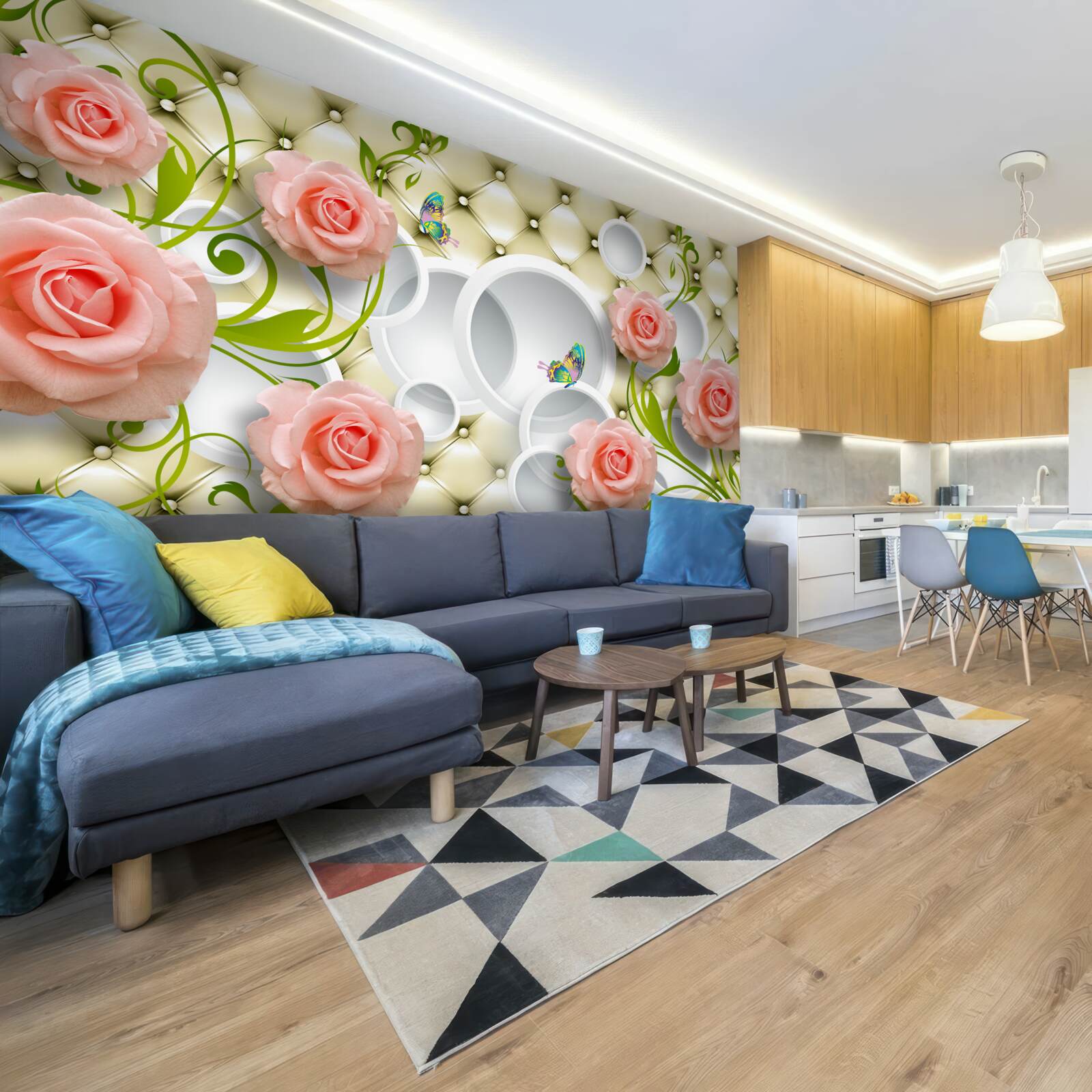 Фотошпалери ніжно-рожеві троянди з зеленими стеблами