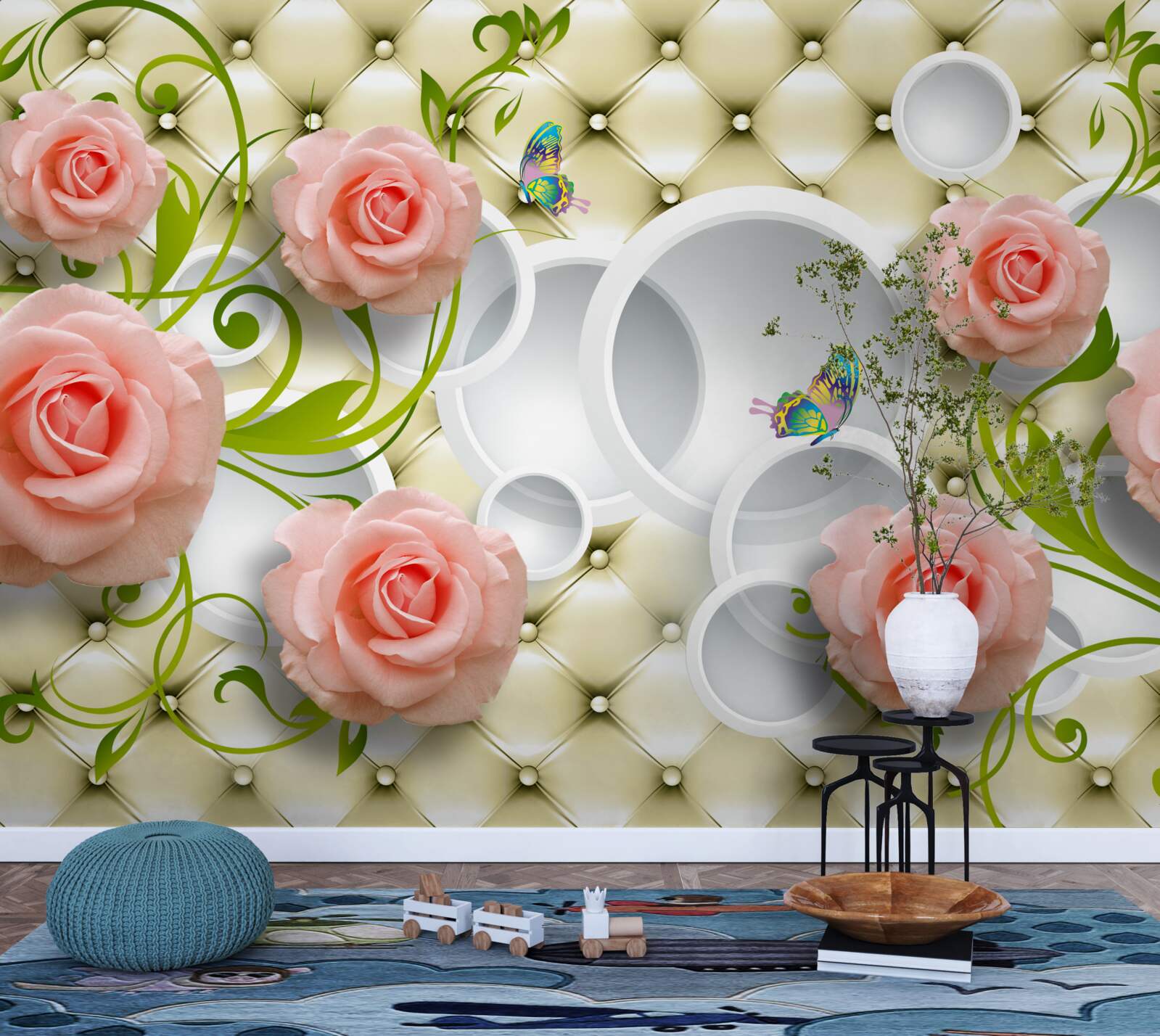 Фотошпалери ніжно-рожеві троянди з зеленими стеблами