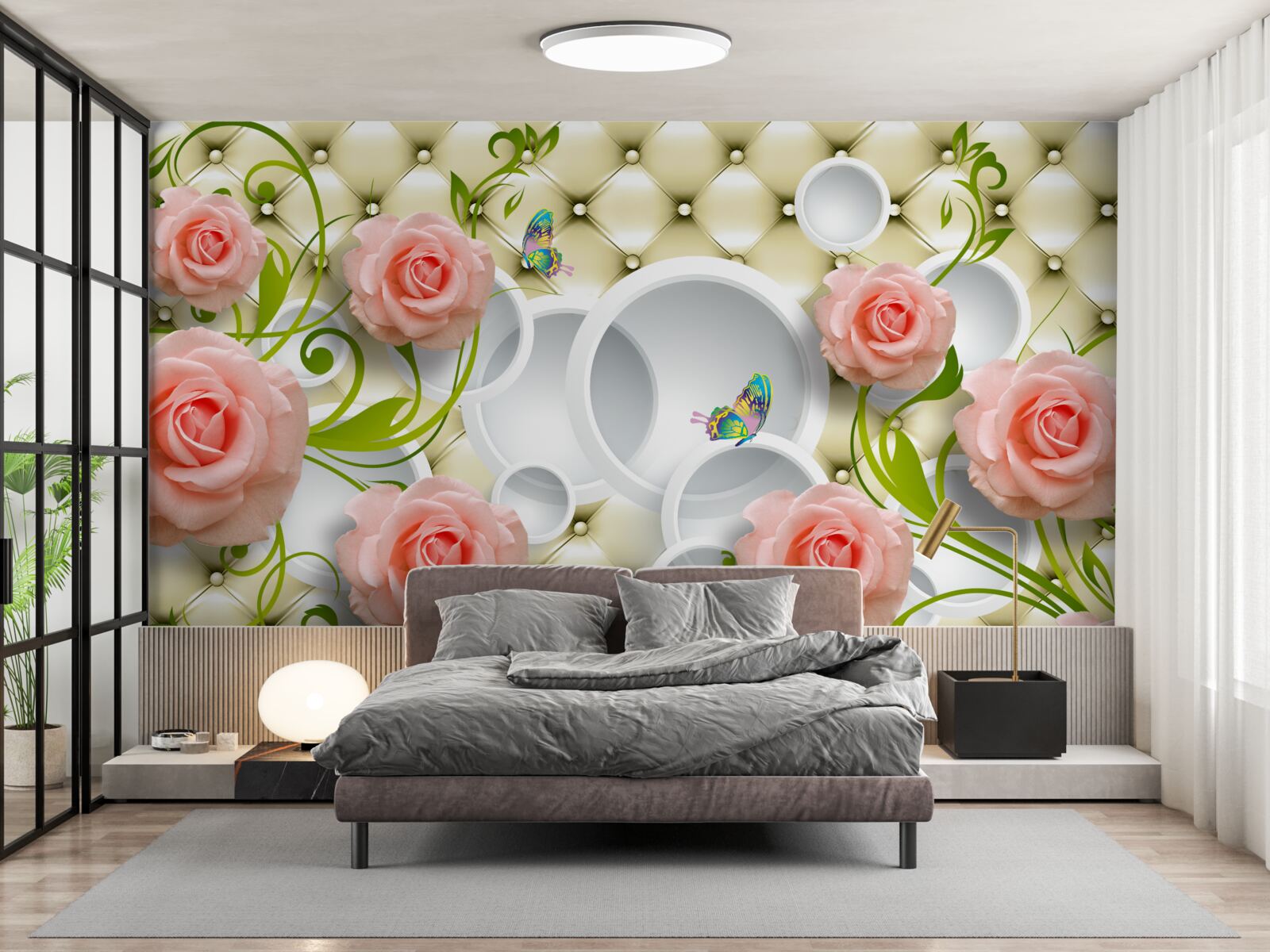 Фотошпалери ніжно-рожеві троянди з зеленими стеблами