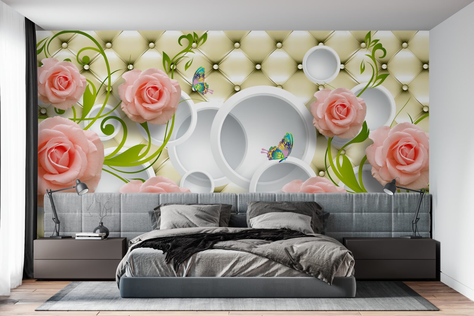 Фотошпалери ніжно-рожеві троянди з зеленими стеблами