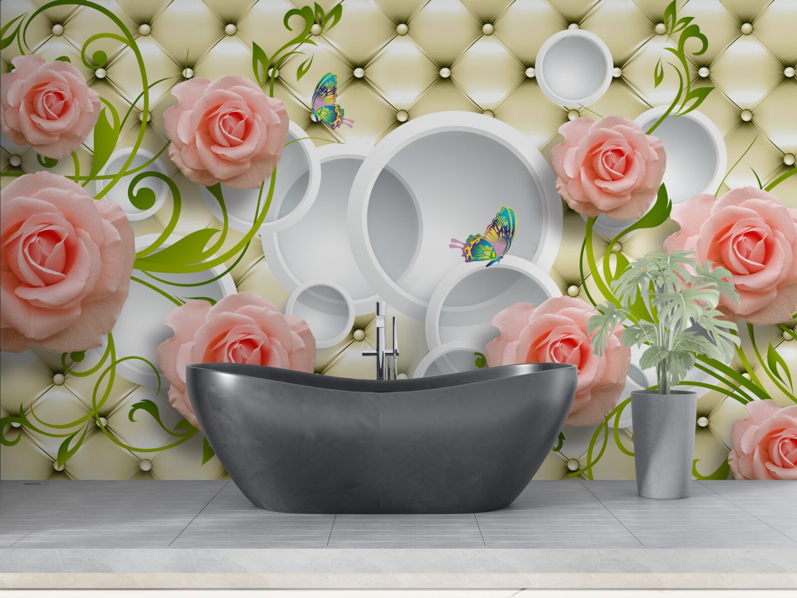 Фотошпалери ніжно-рожеві троянди з зеленими стеблами