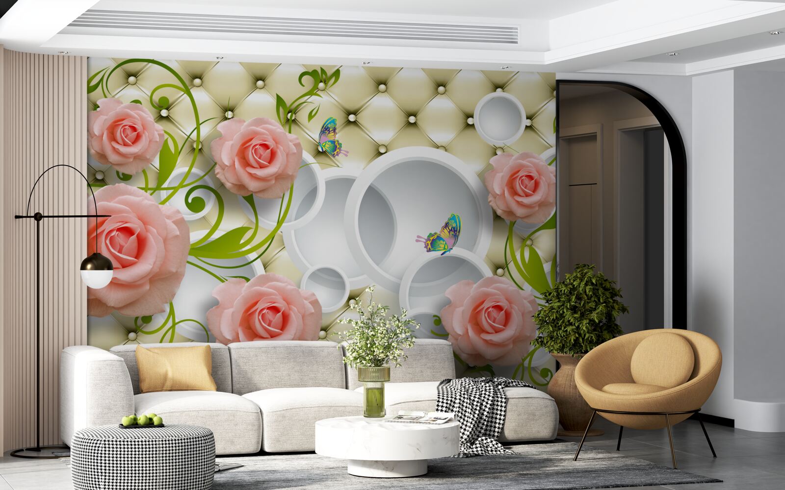 Фотошпалери ніжно-рожеві троянди з зеленими стеблами