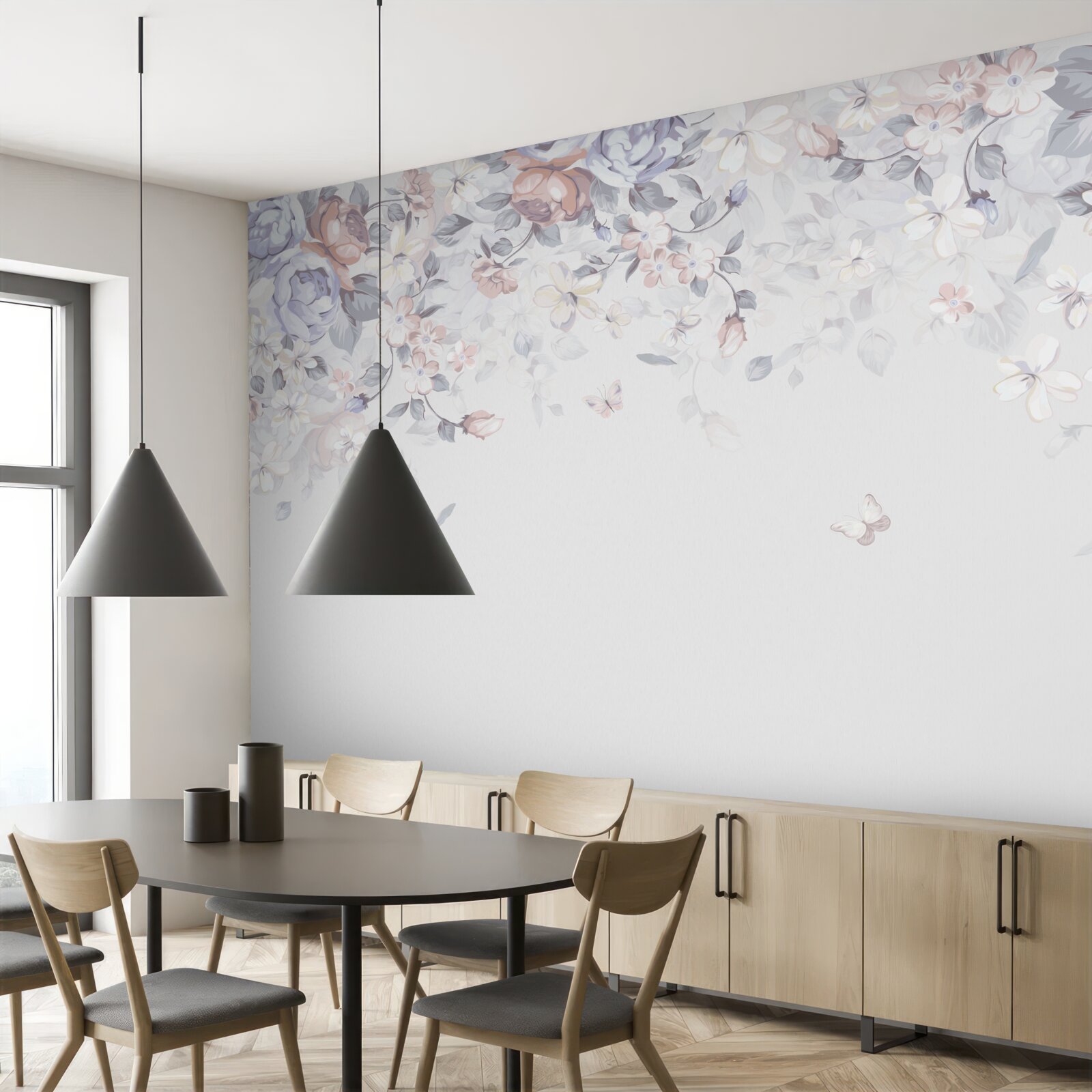 Фотошпалери біле тло прикрашене ніжними квітами