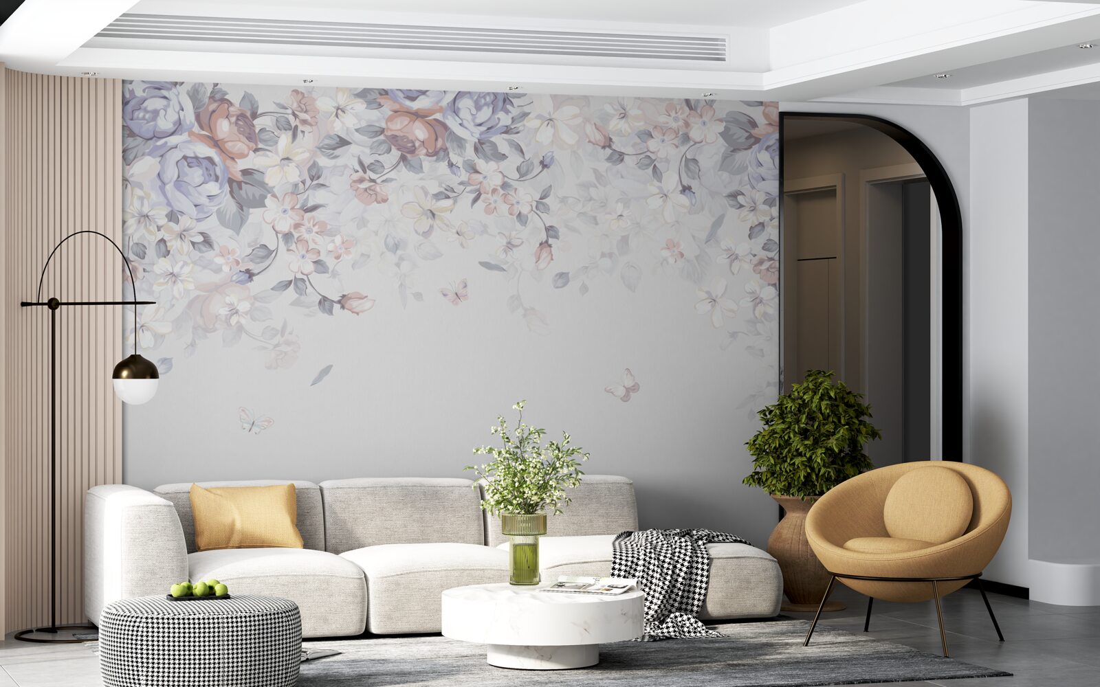 Фотошпалери біле тло прикрашене ніжними квітами