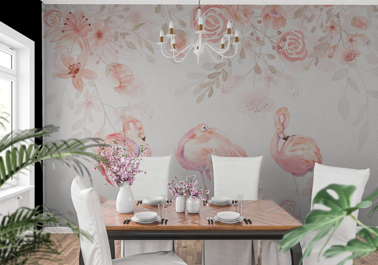 Фотошпалери рожеві фламінго та бутони