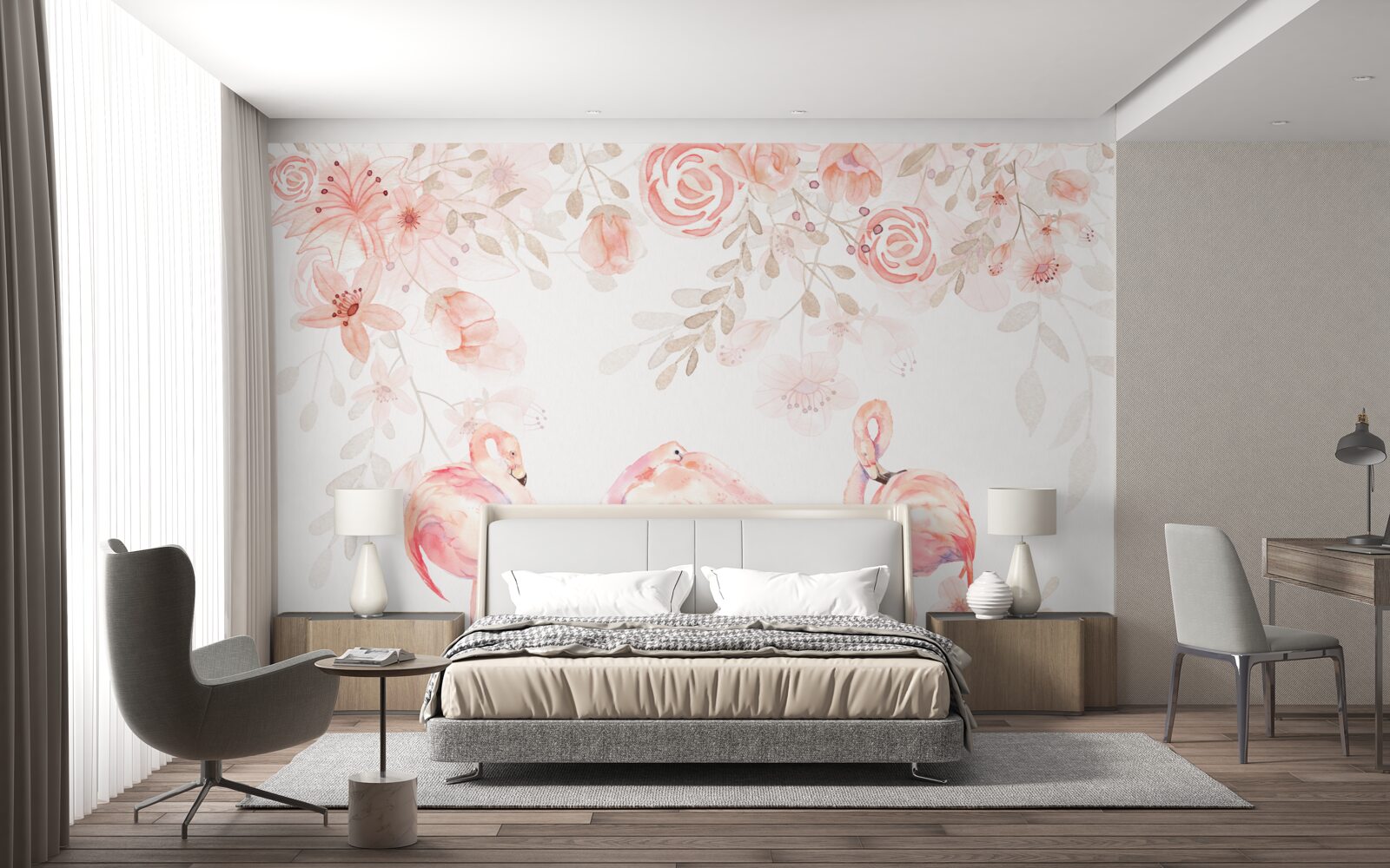 Фотошпалери рожеві фламінго та бутони