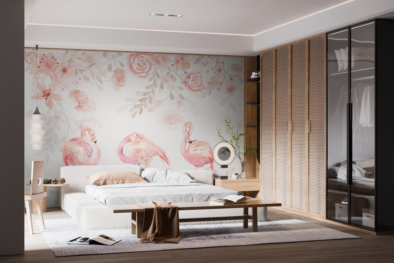 Фотошпалери рожеві фламінго та бутони