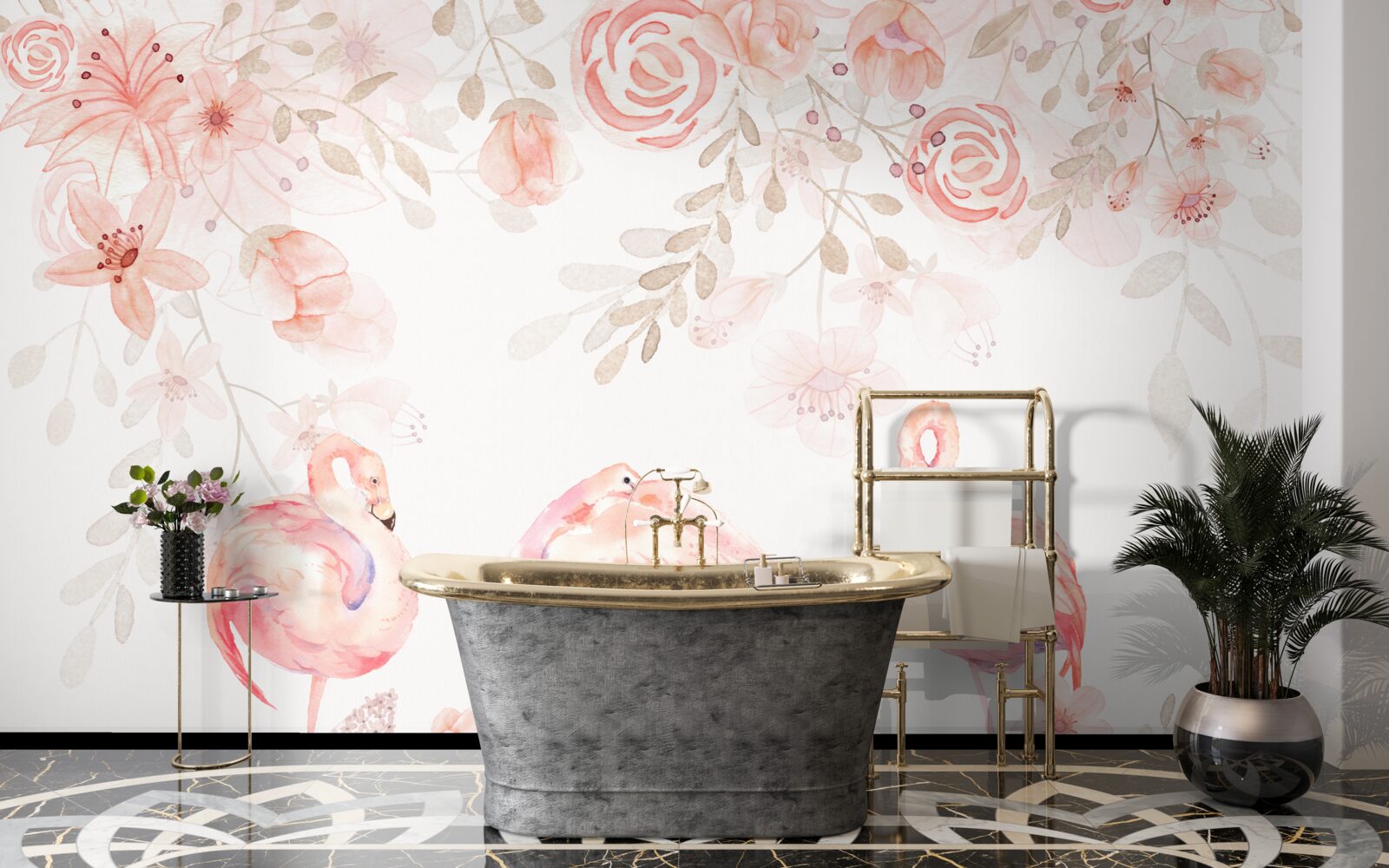 Фотошпалери рожеві фламінго та бутони