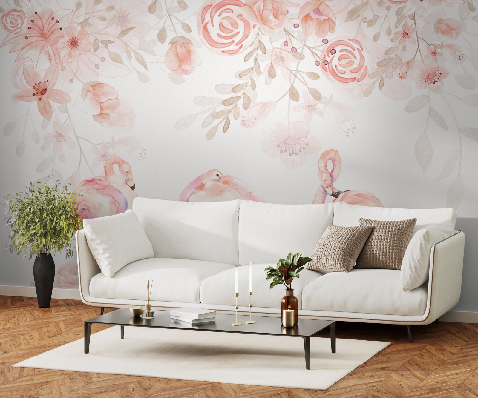 Фотошпалери рожеві фламінго та бутони