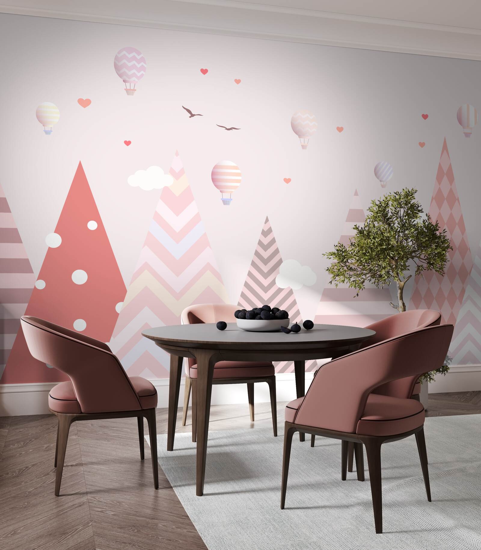 Фотошпалери рожеві гори, прикрашені повітряними кульками