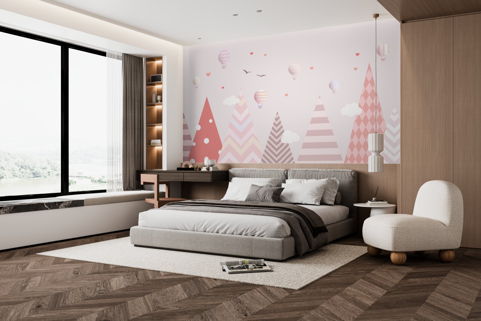 Фотошпалери рожеві гори, прикрашені повітряними кульками