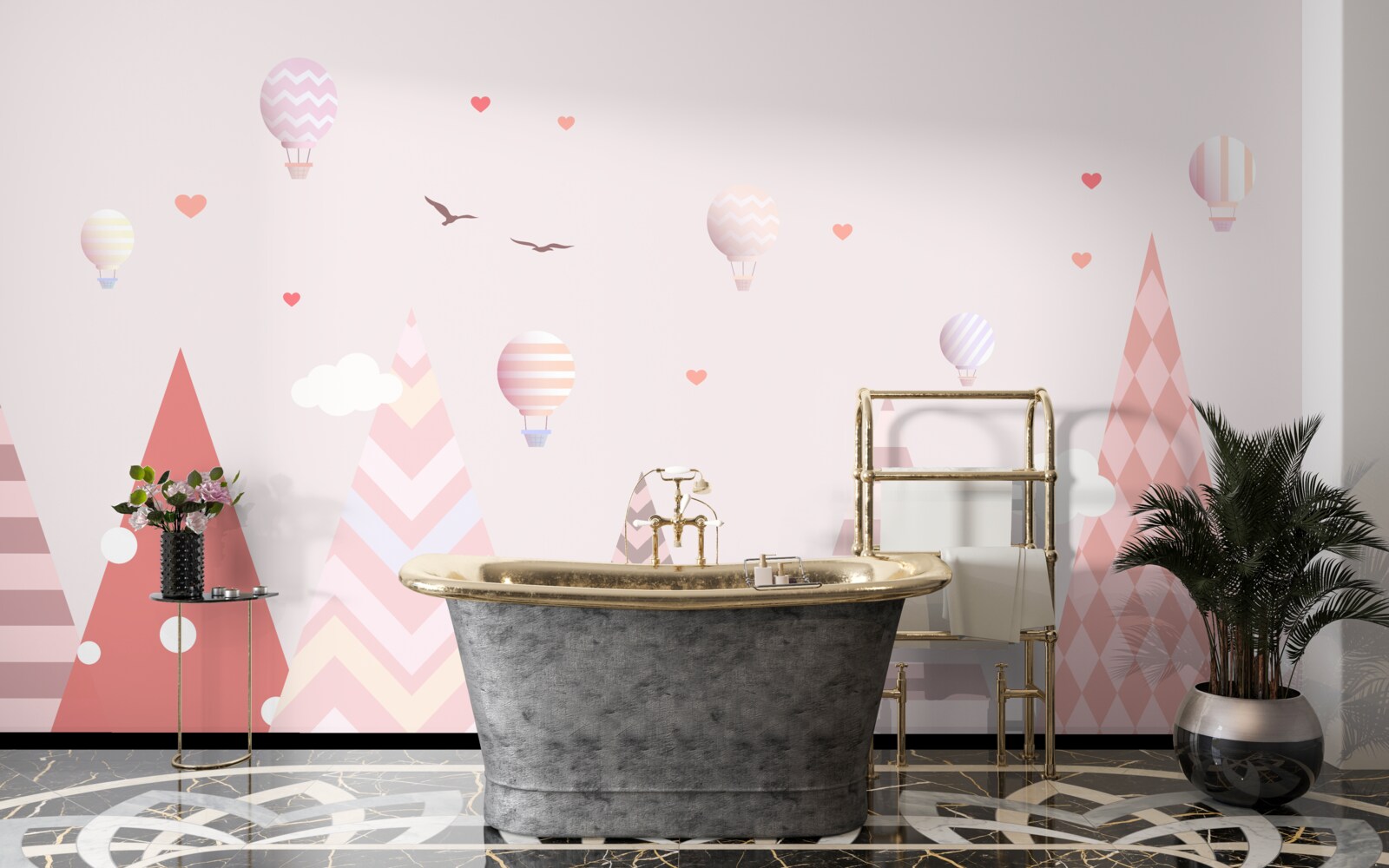 Фотошпалери рожеві гори, прикрашені повітряними кульками