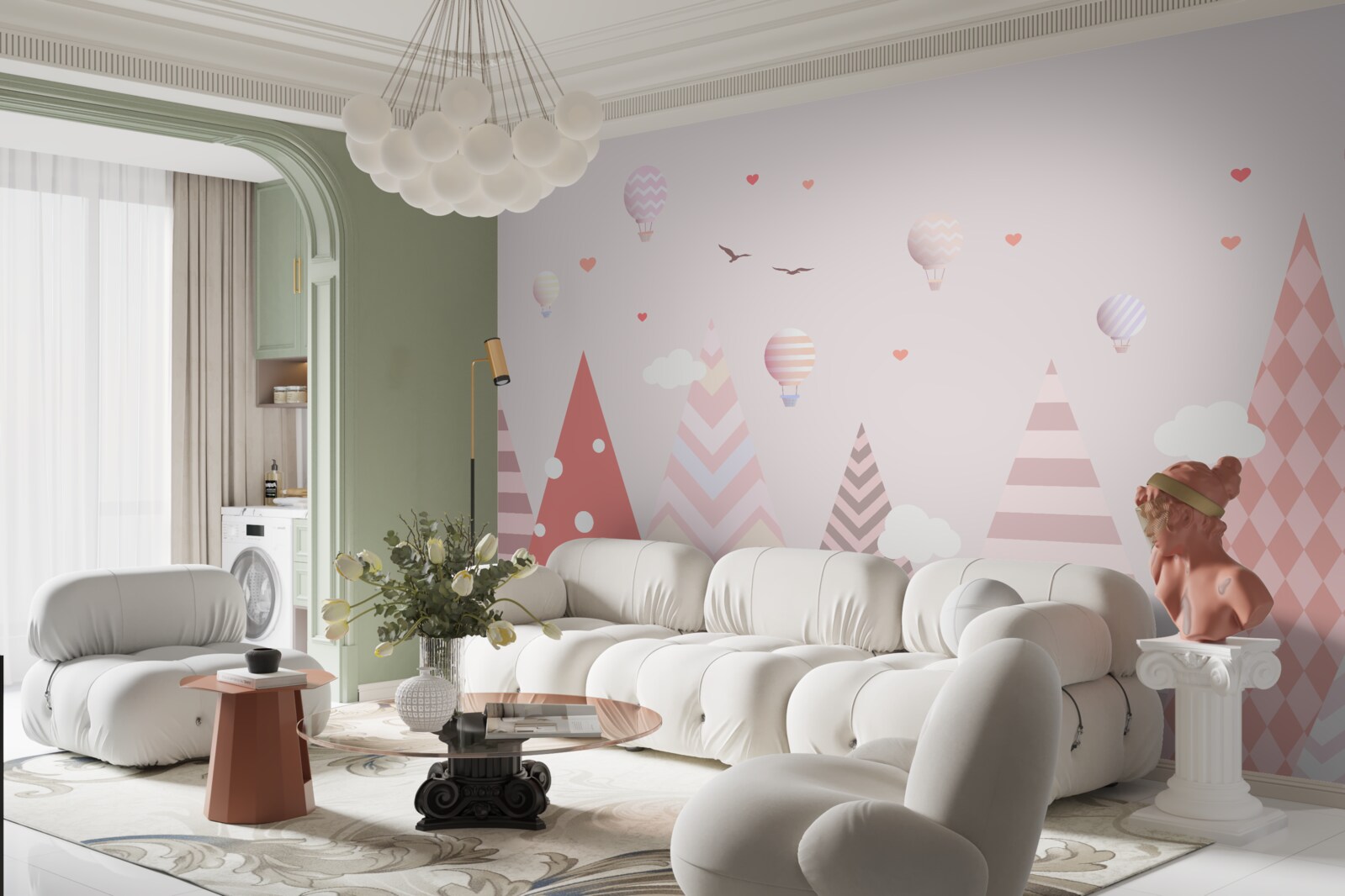 Фотошпалери рожеві гори, прикрашені повітряними кульками