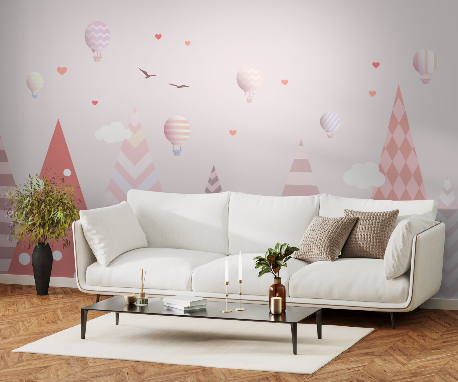 Фотошпалери рожеві гори, прикрашені повітряними кульками