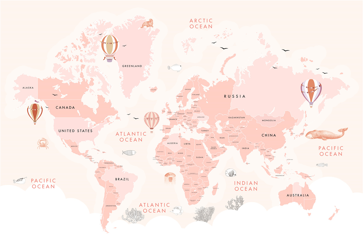 Фотошпалери атлас планет, представлений у рожевій кольоровій палітрі