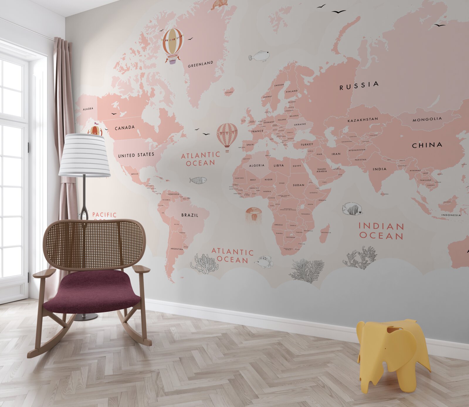 Фотошпалери атлас планет, представлений у рожевій кольоровій палітрі