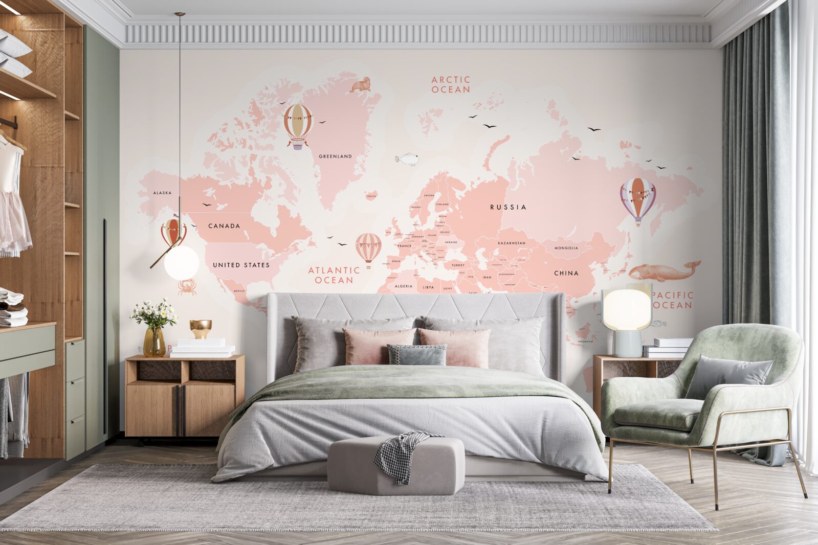 Фотошпалери атлас планет, представлений у рожевій кольоровій палітрі