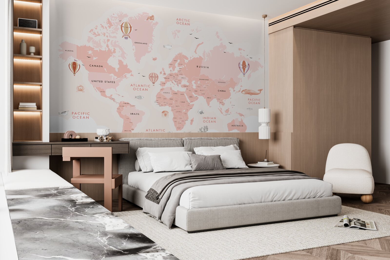 Фотошпалери атлас планет, представлений у рожевій кольоровій палітрі