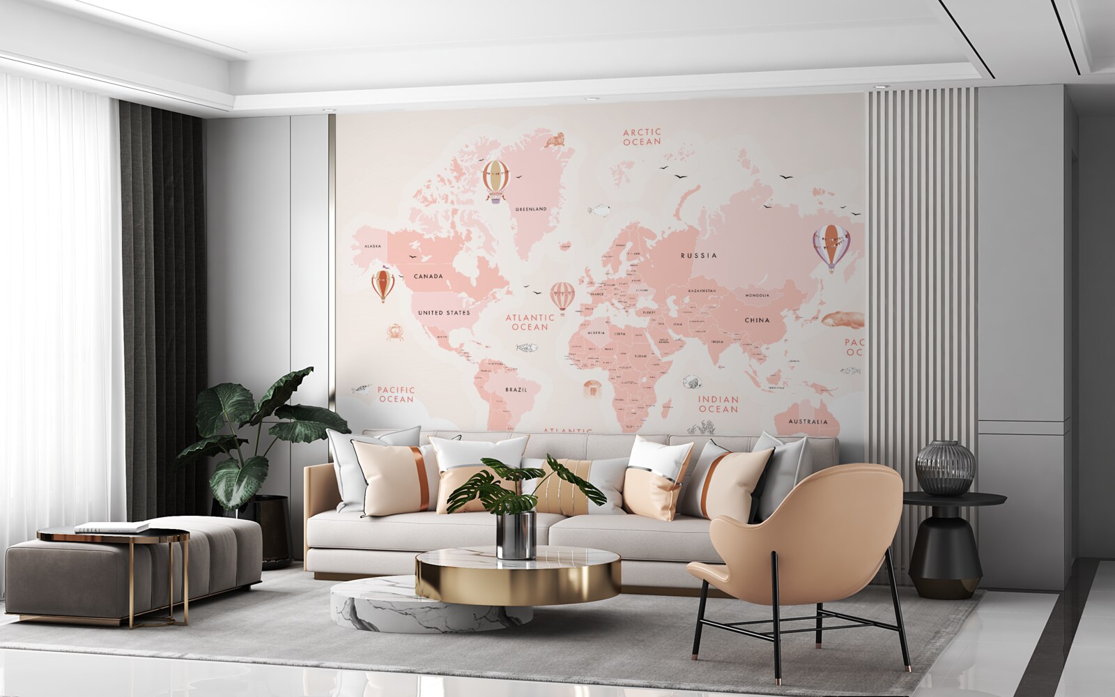 Фотошпалери атлас планет, представлений у рожевій кольоровій палітрі