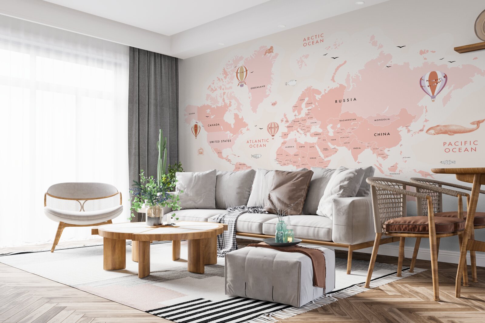 Фотошпалери атлас планет, представлений у рожевій кольоровій палітрі