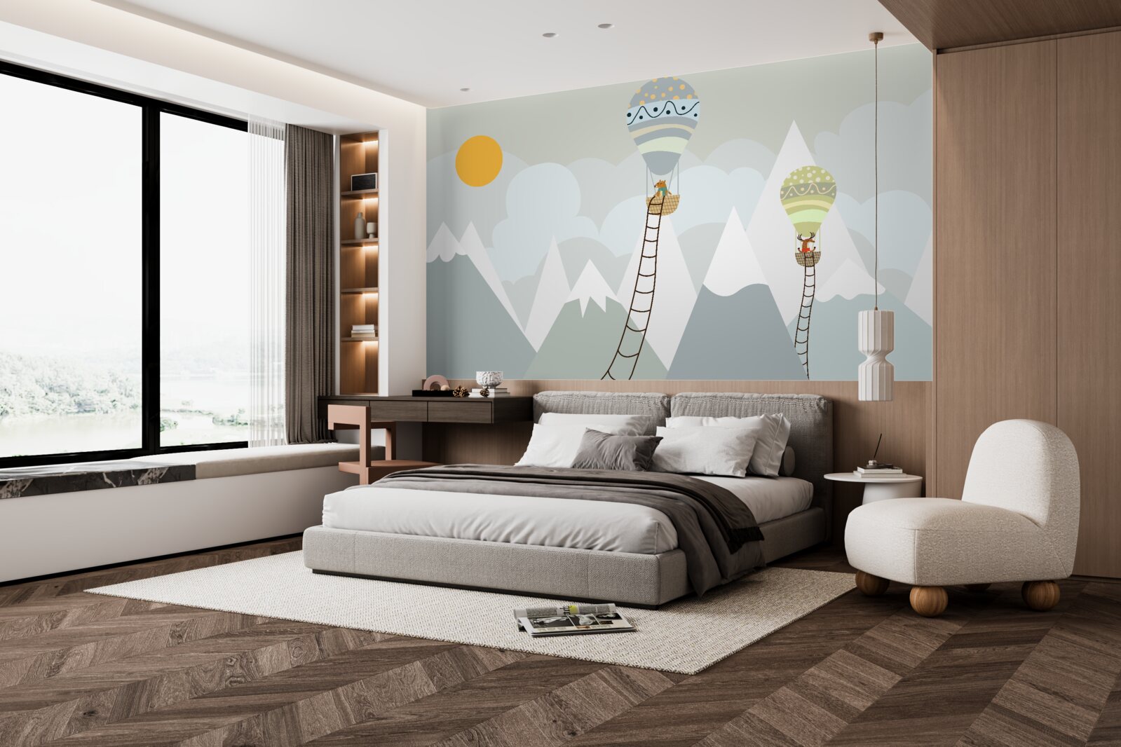 Фотошпалери біологічні істоти, запаковані в повітряні кулі в оточенні гір