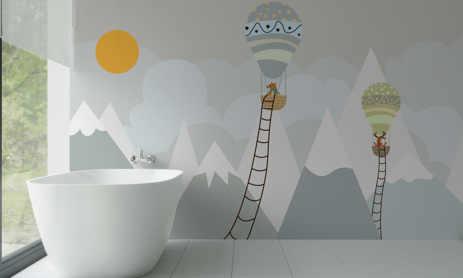 Фотошпалери біологічні істоти, запаковані в повітряні кулі в оточенні гір