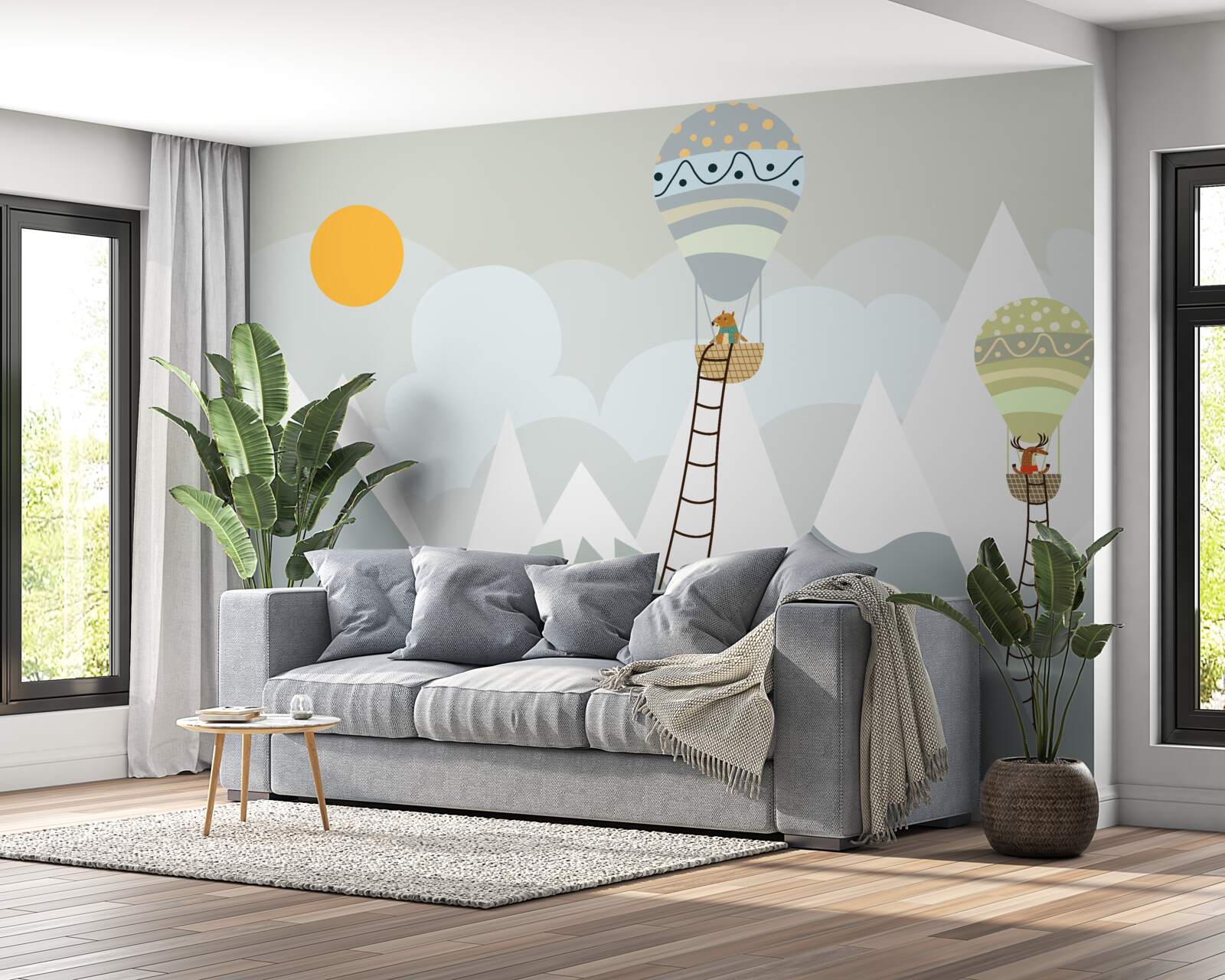 Фотошпалери біологічні істоти, запаковані в повітряні кулі в оточенні гір