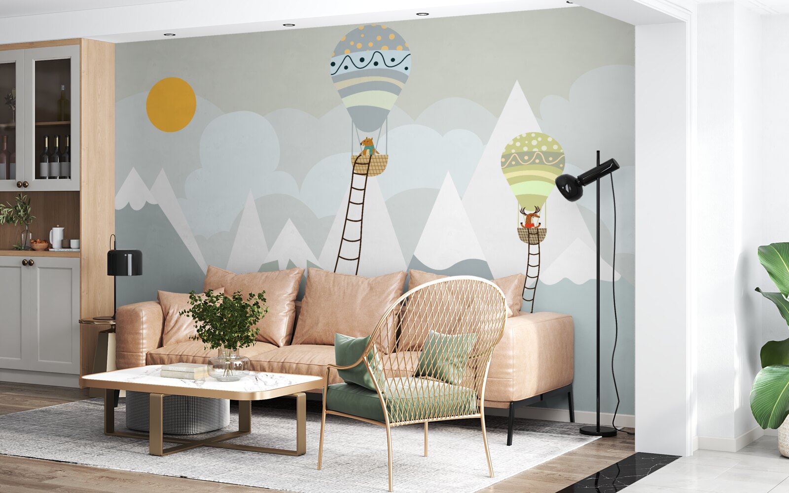 Фотошпалери біологічні істоти, запаковані в повітряні кулі в оточенні гір