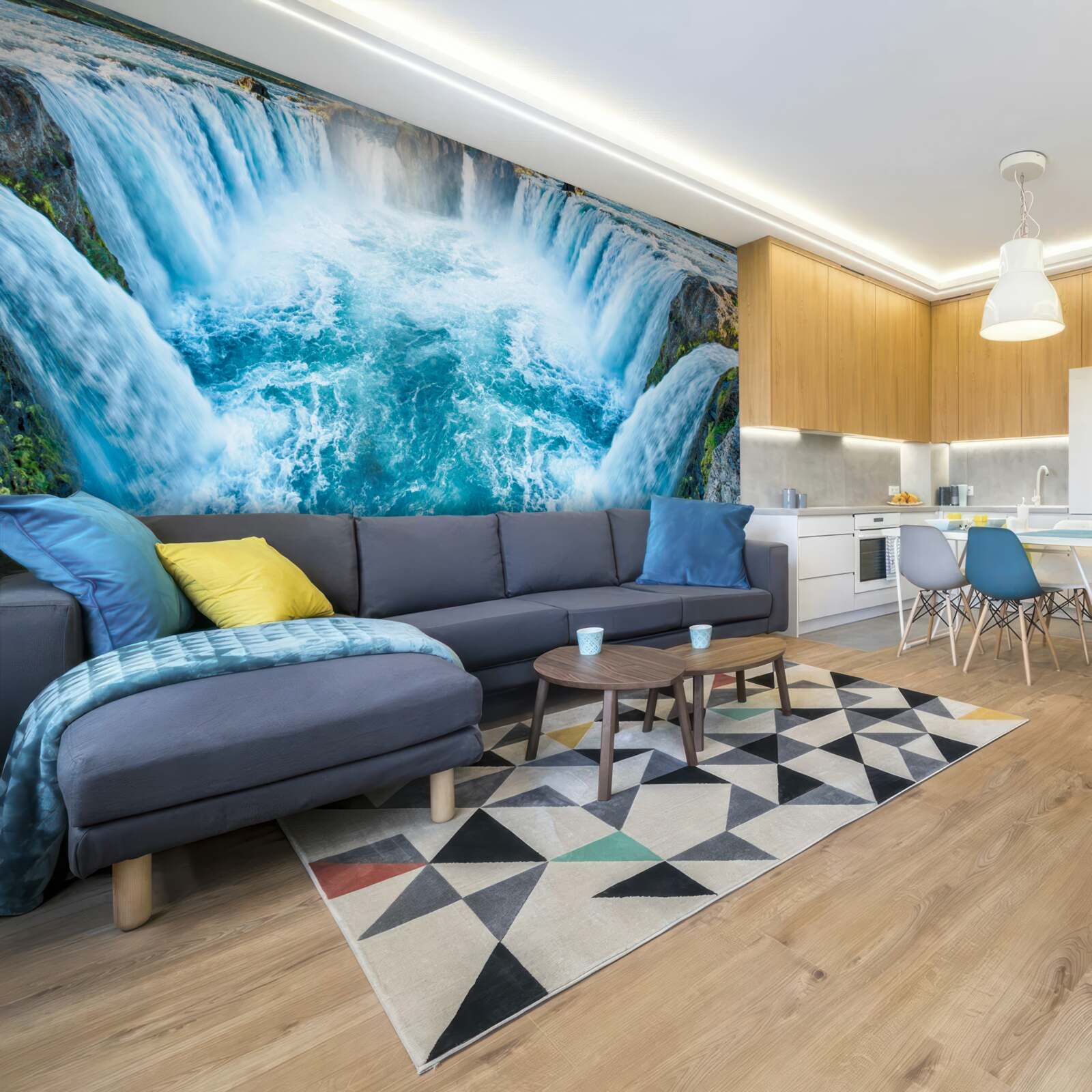 Фотошпалери низка водоспадів, що каскадом спадають у річку