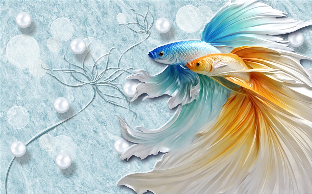 Фотошпалери риби з розкішними хвостами, оповитими золотом і блакиттю