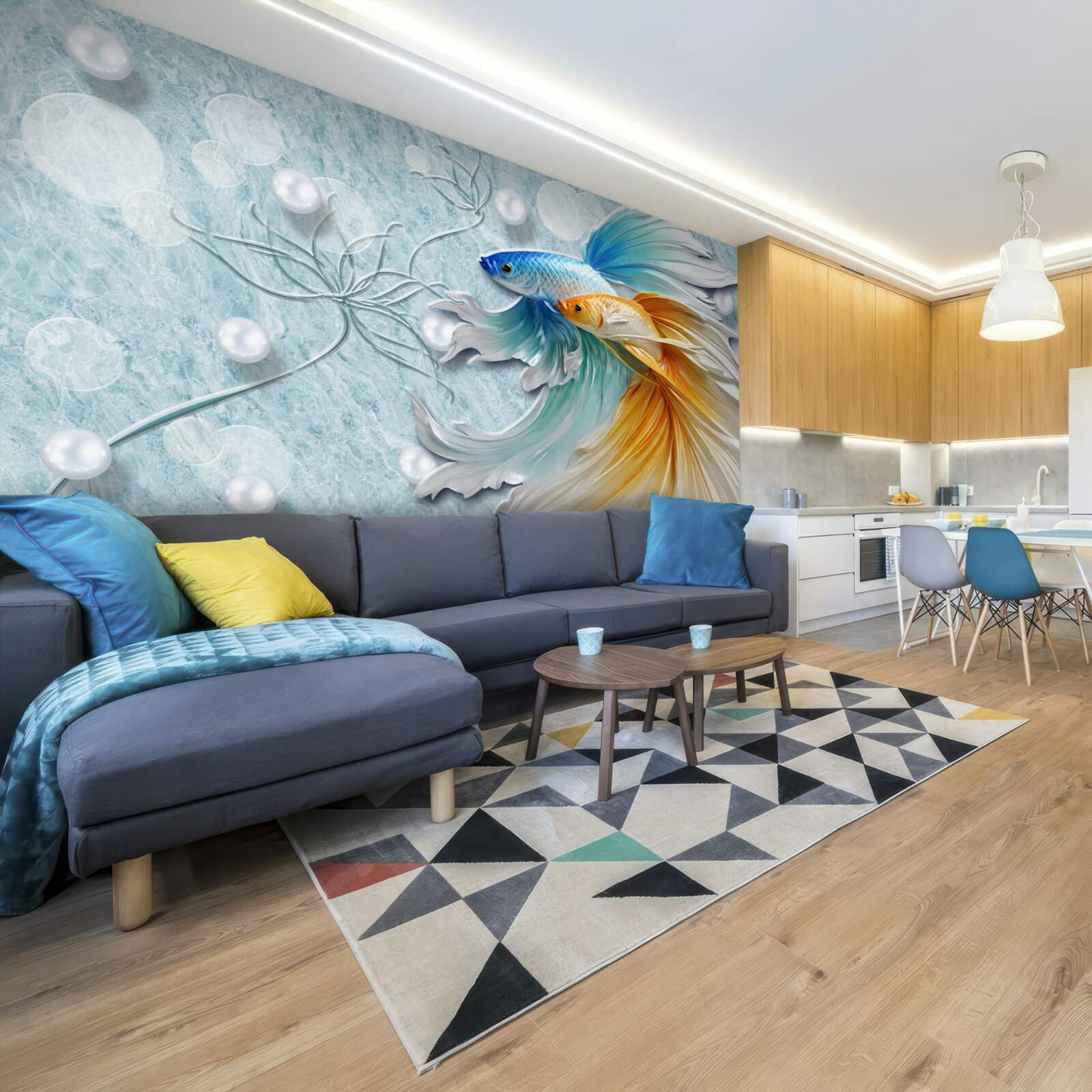 Фотошпалери риби з розкішними хвостами, оповитими золотом і блакиттю