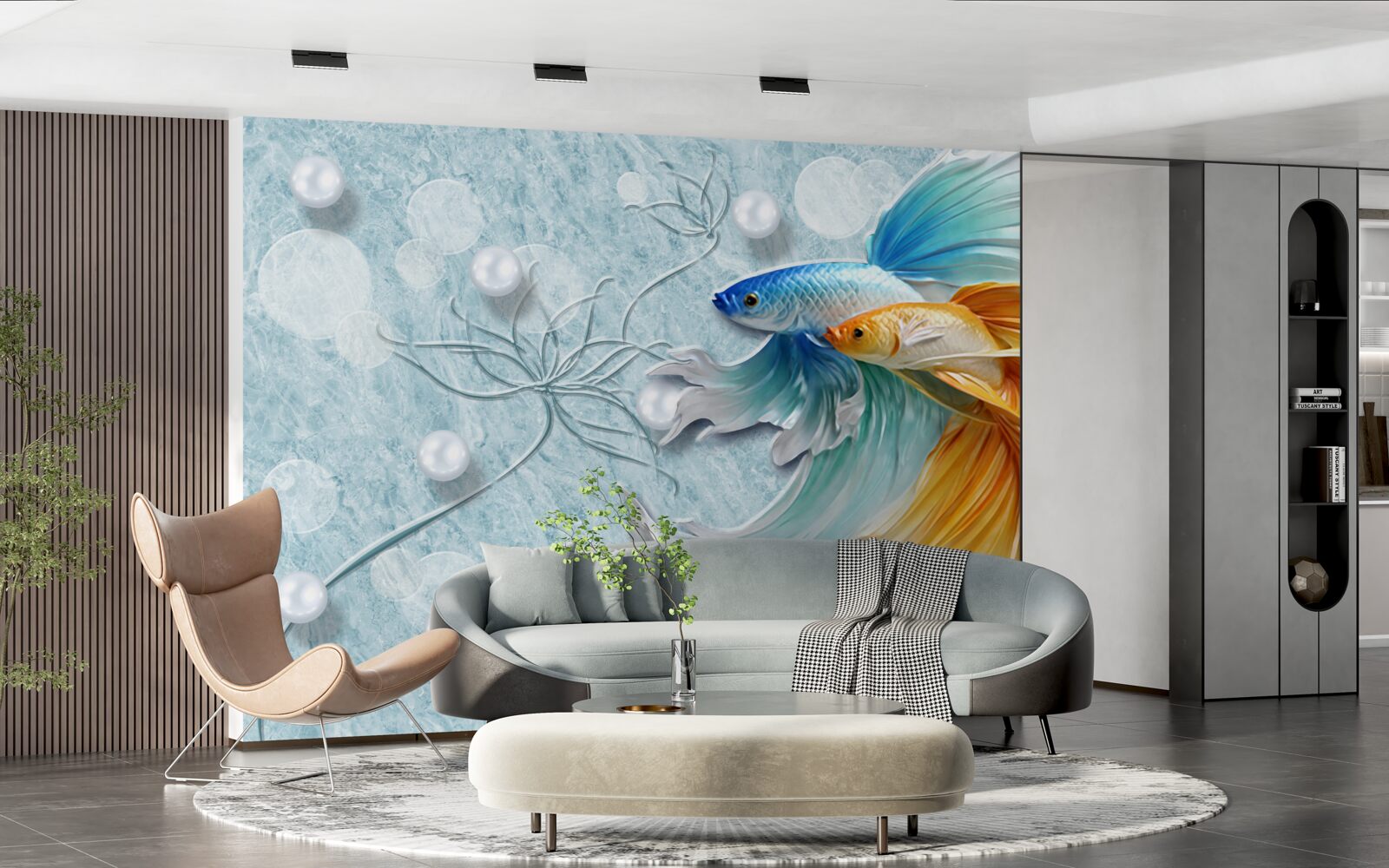 Фотошпалери риби з розкішними хвостами, оповитими золотом і блакиттю