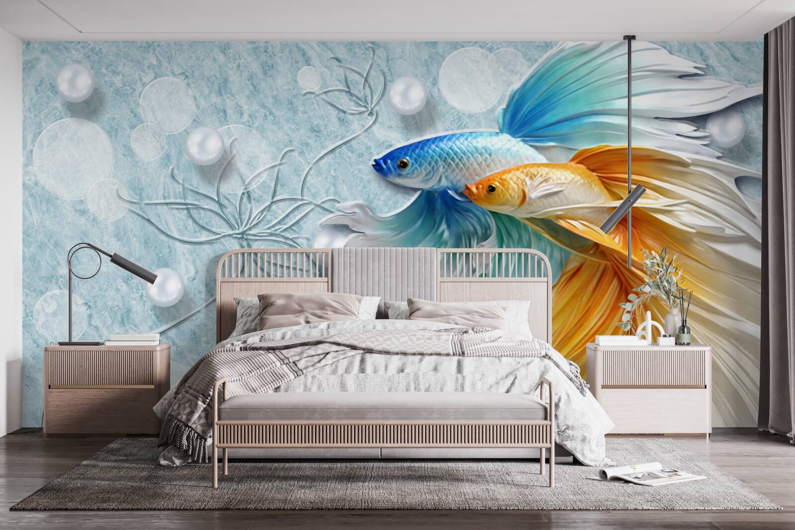 Фотошпалери риби з розкішними хвостами, оповитими золотом і блакиттю