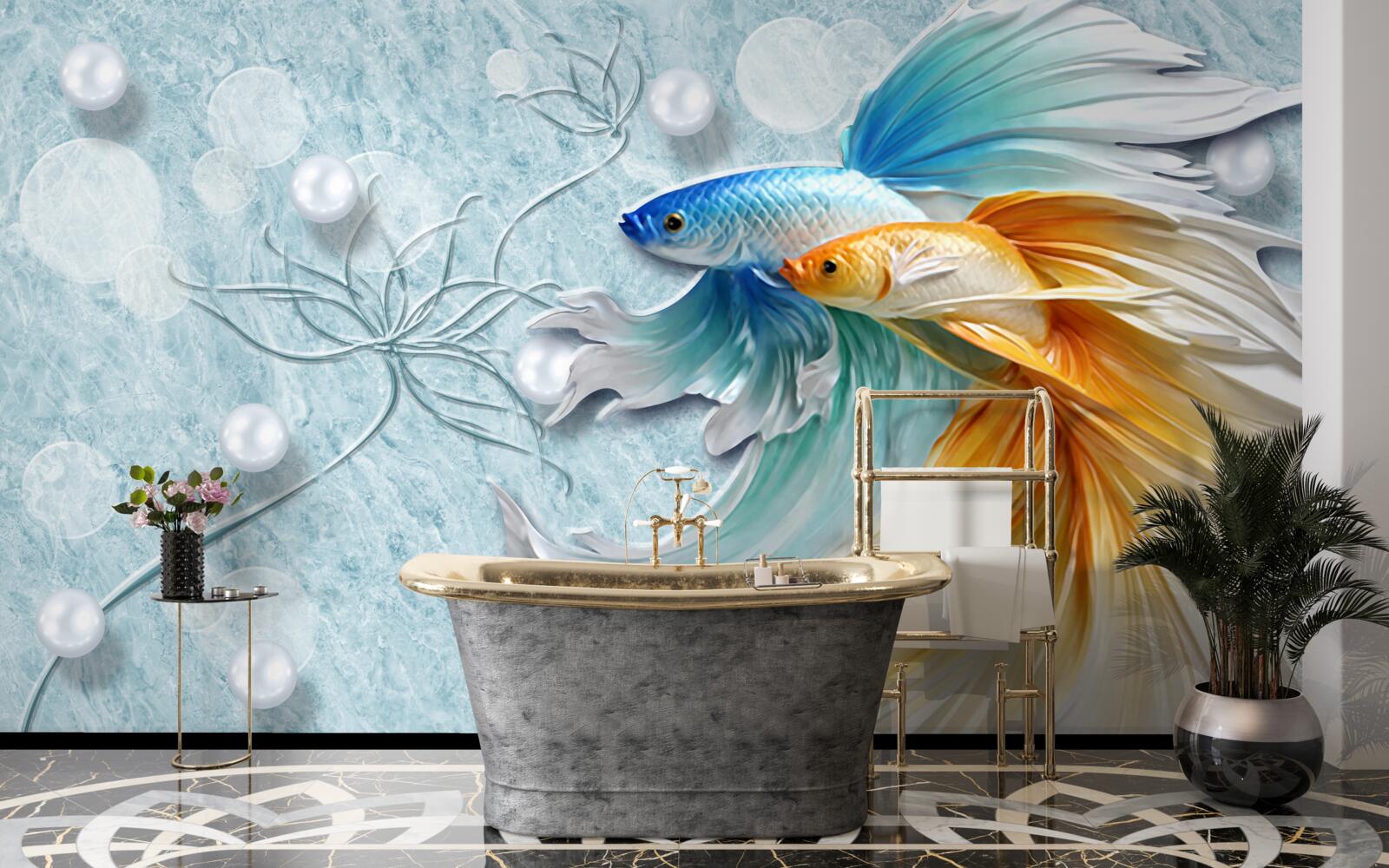 Фотошпалери риби з розкішними хвостами, оповитими золотом і блакиттю