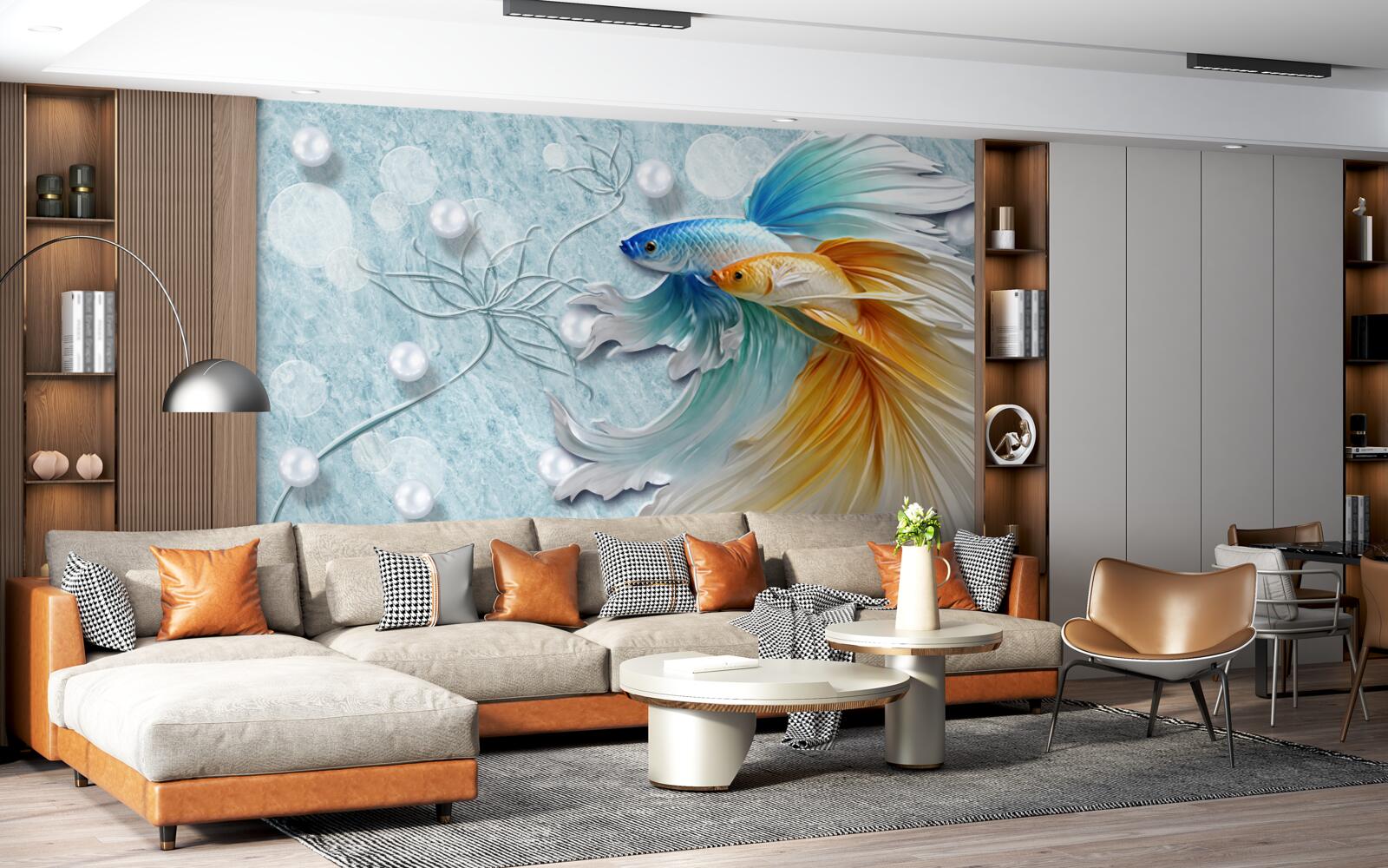 Фотошпалери риби з розкішними хвостами, оповитими золотом і блакиттю