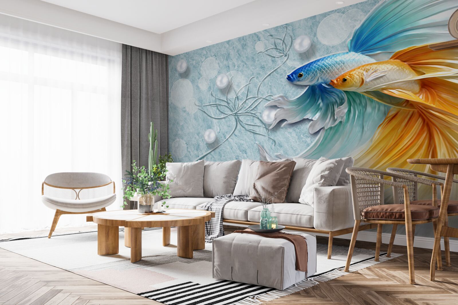 Фотошпалери риби з розкішними хвостами, оповитими золотом і блакиттю