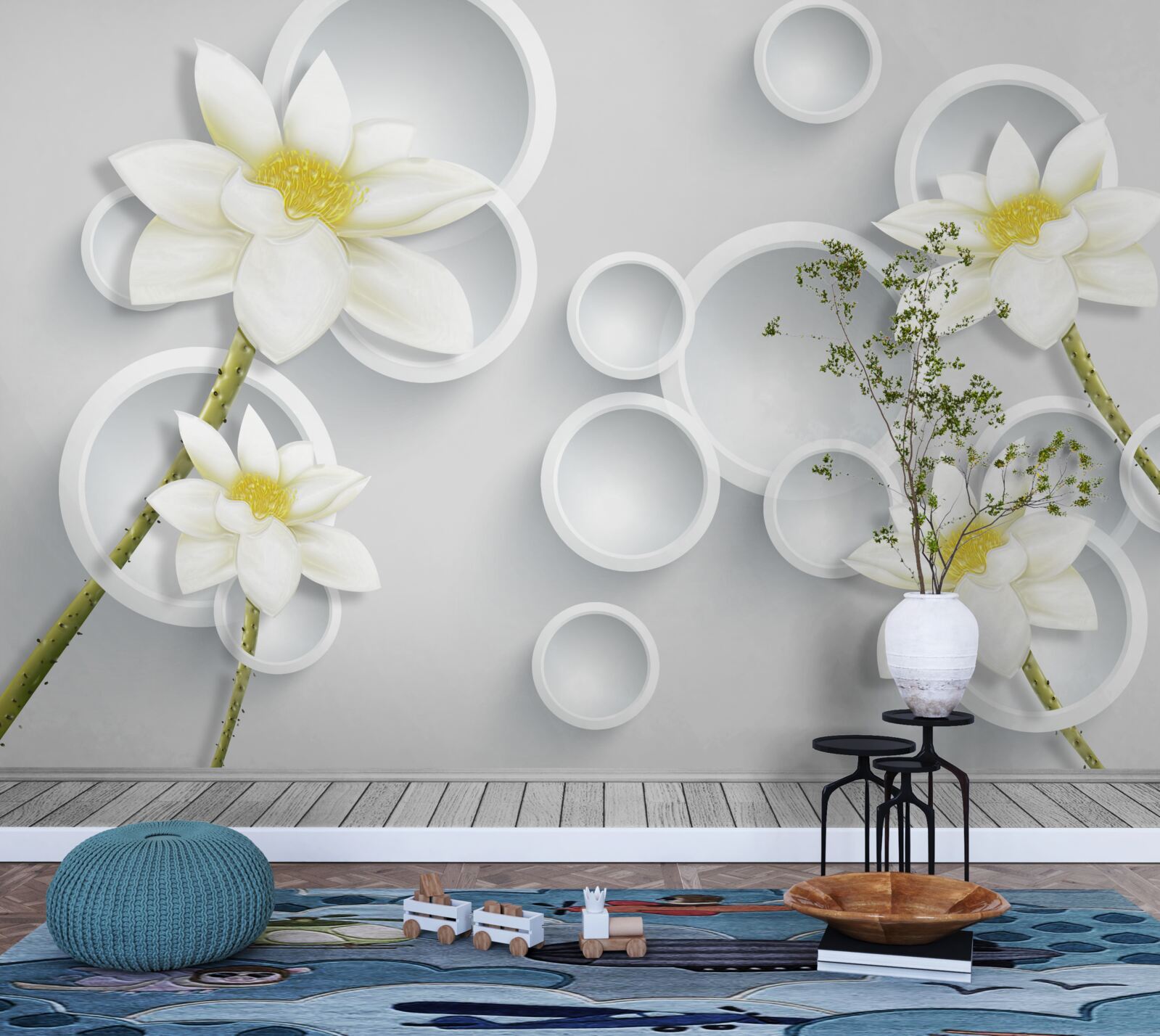 Фотошпалери квітки білі з жовтими серединками