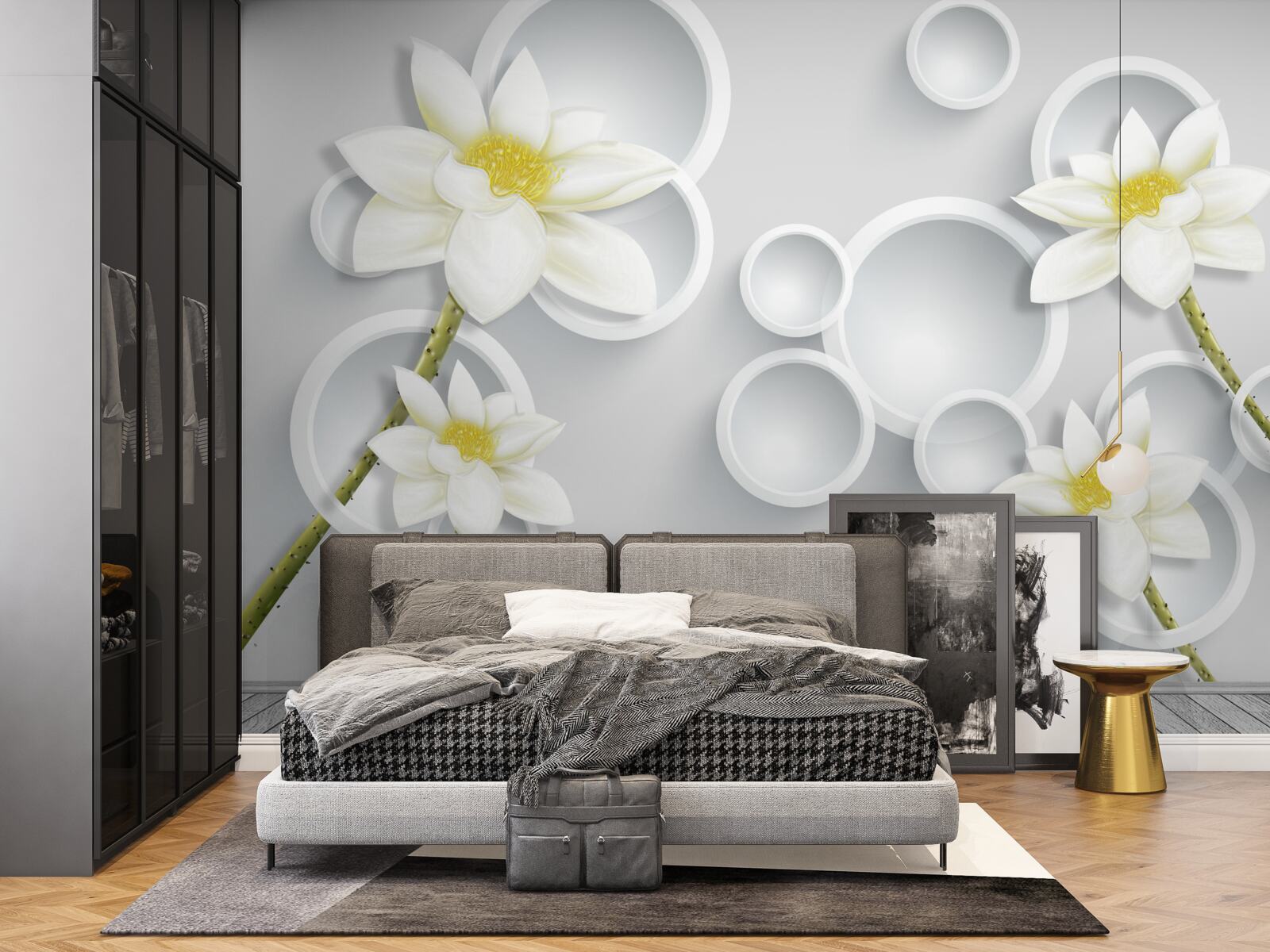 Фотошпалери квітки білі з жовтими серединками