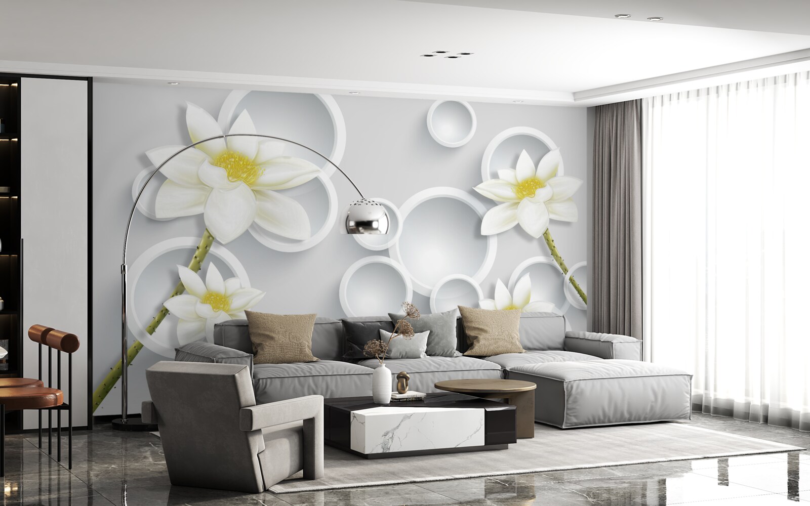 Фотошпалери квітки білі з жовтими серединками