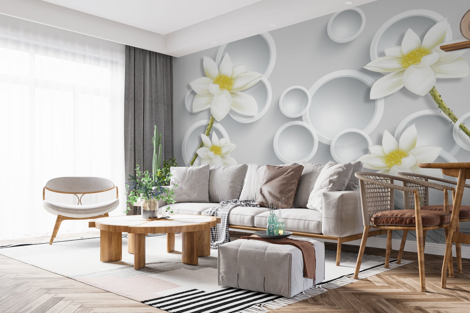 Фотошпалери квітки білі з жовтими серединками