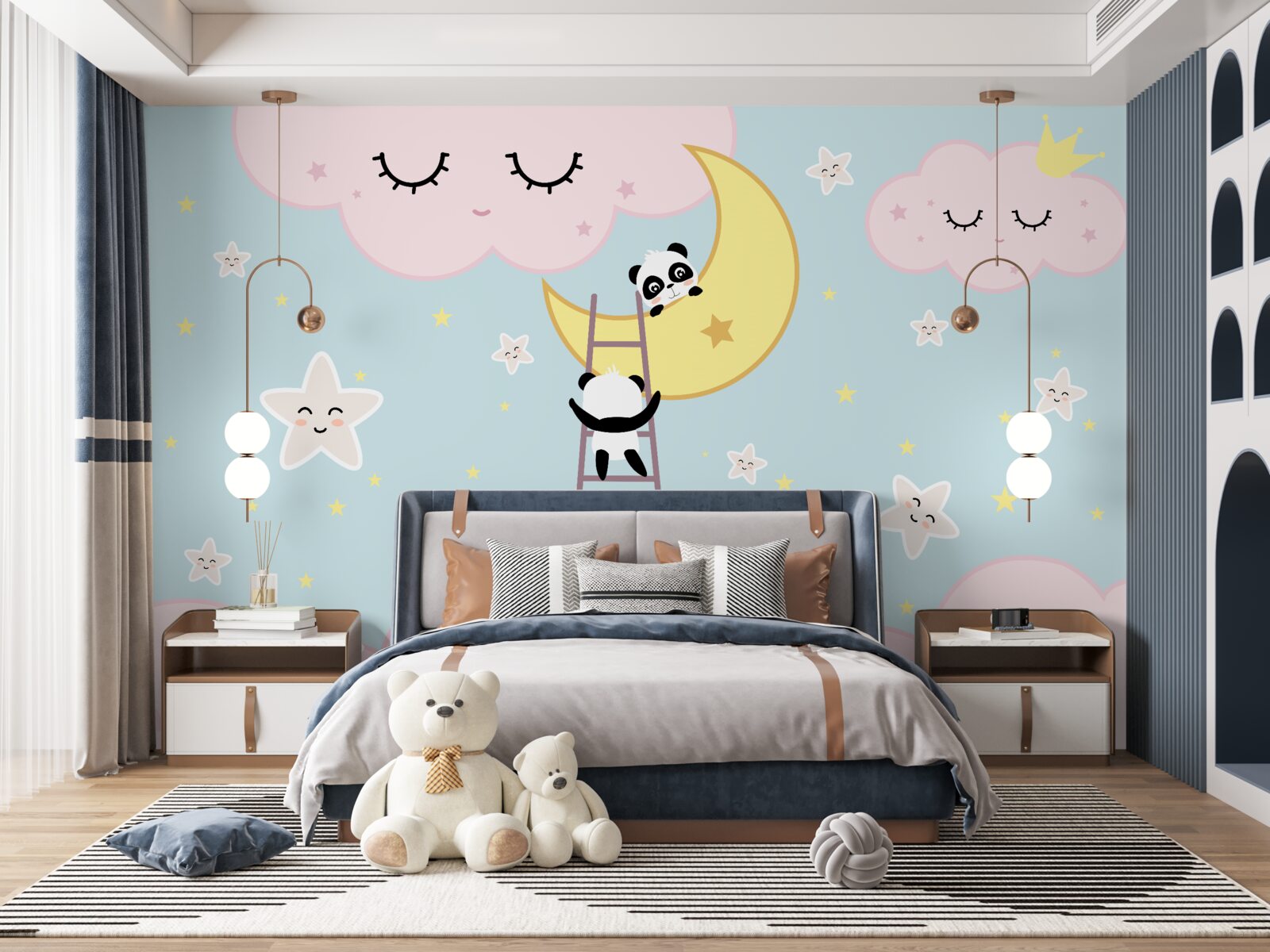 Фотошпалери панди піднімаються по драбині на Місяць