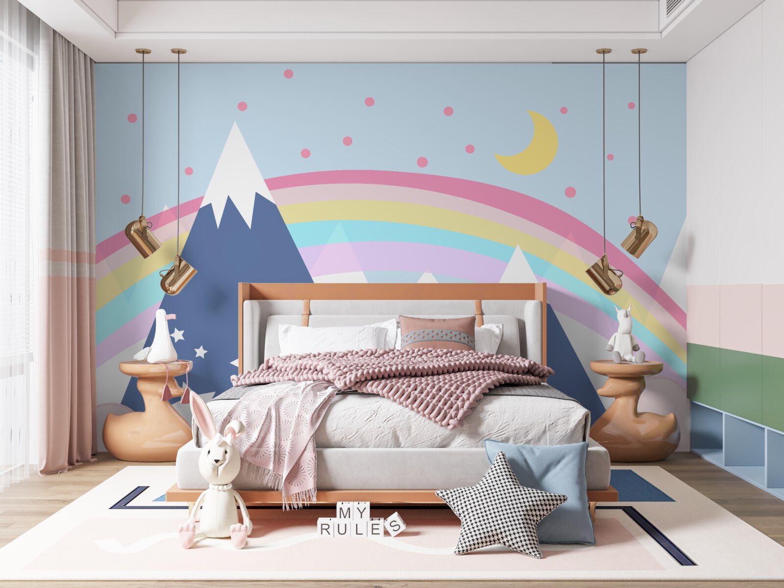 Фотошпалери гори в блакитному відтінку з веселкою на задньому плані