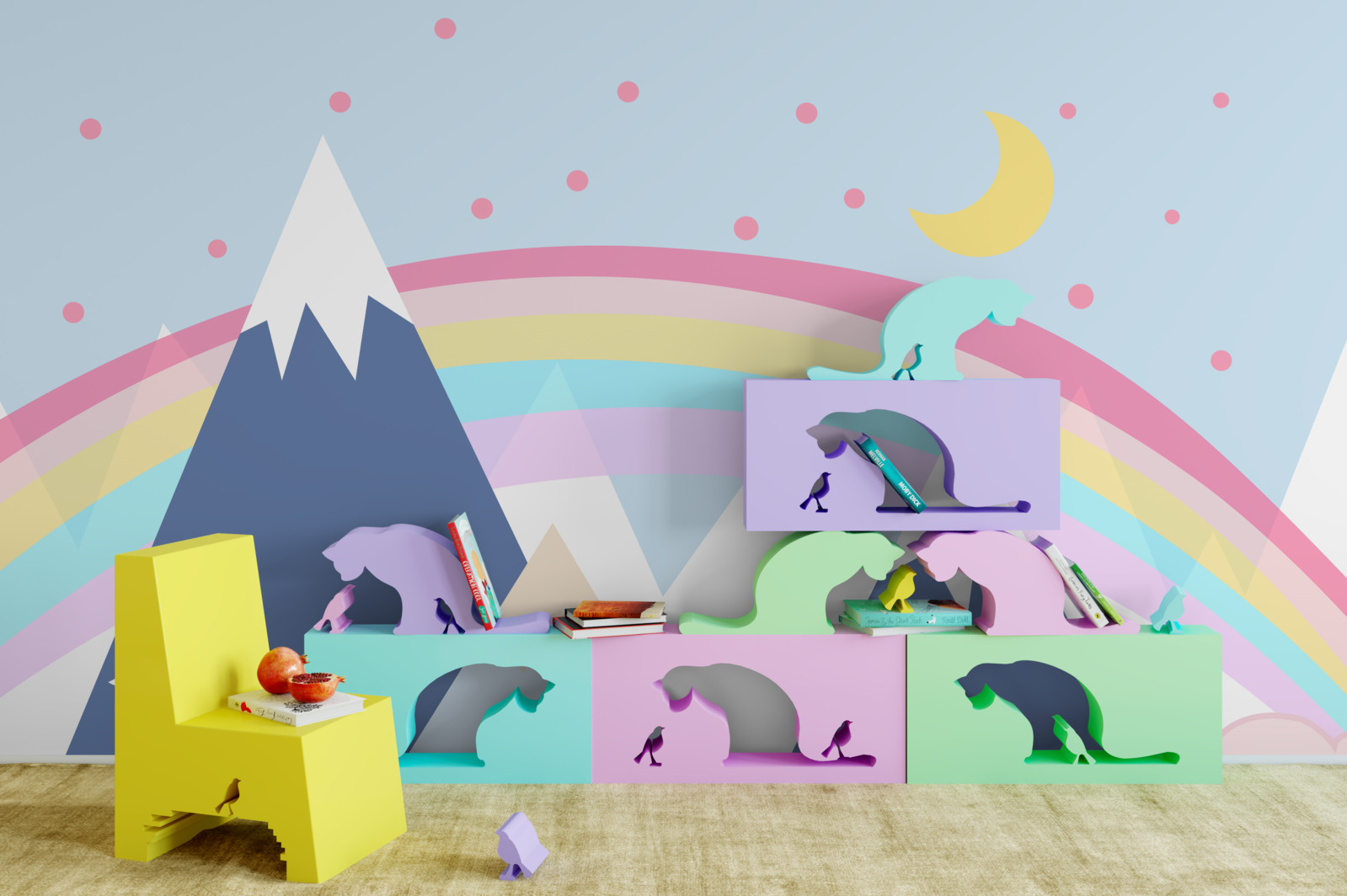 Фотошпалери гори в блакитному відтінку з веселкою на задньому плані