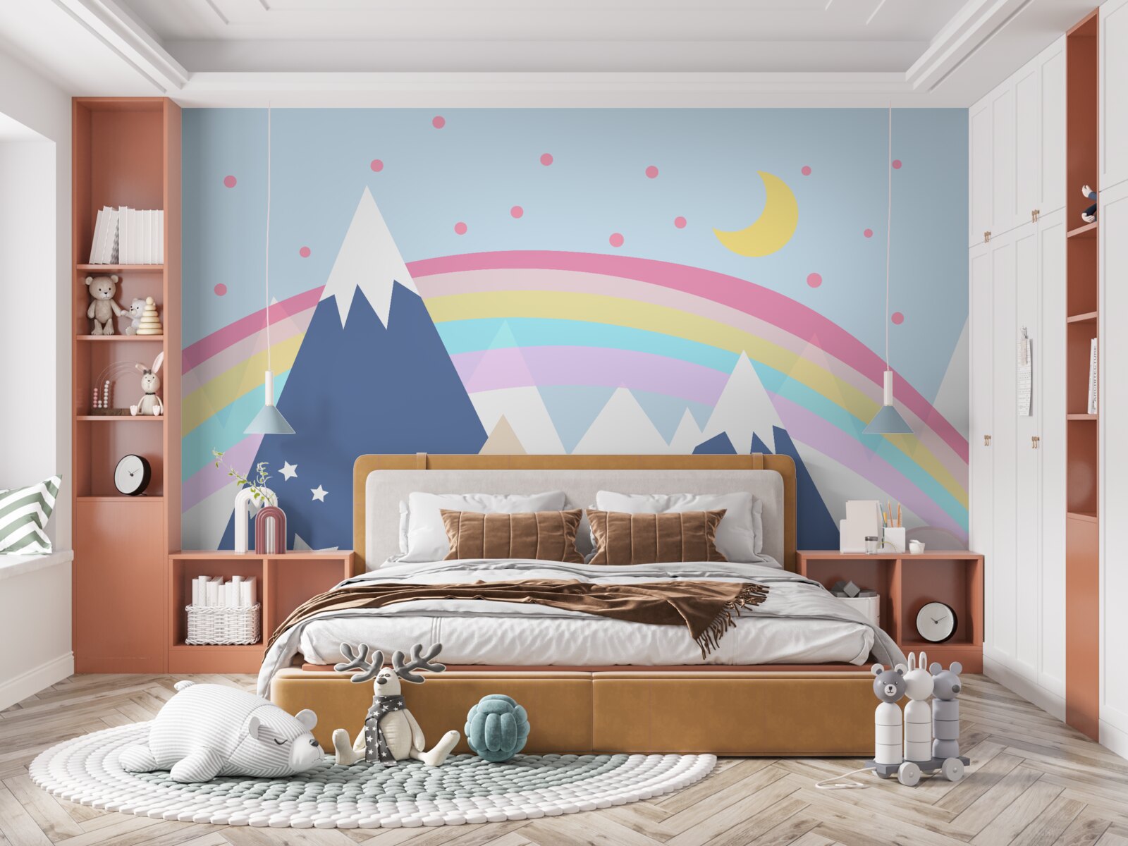 Фотошпалери гори в блакитному відтінку з веселкою на задньому плані