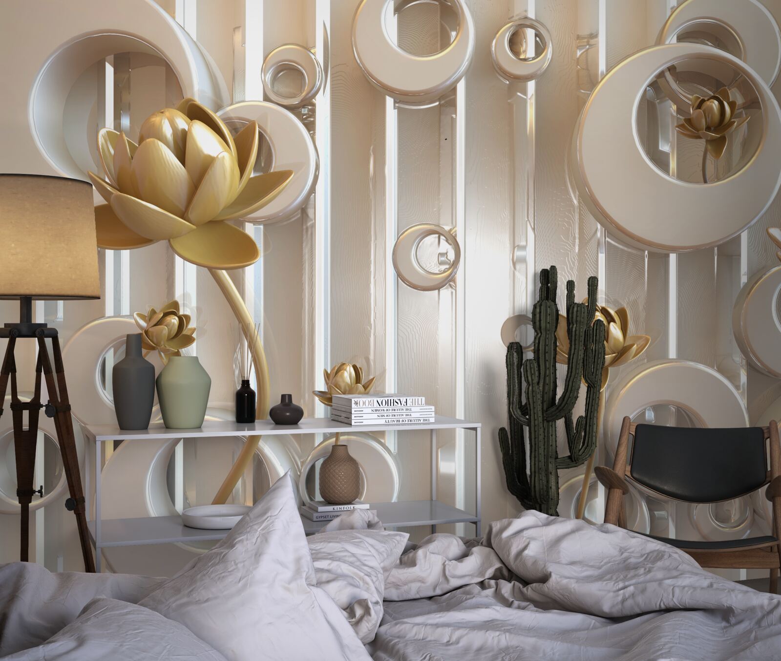 Фотошпалери золоті квіти та місячні кулі